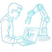 Ein Softwareingenieur der einen Roboter programmiert in leuchtend blauen Farben transparent